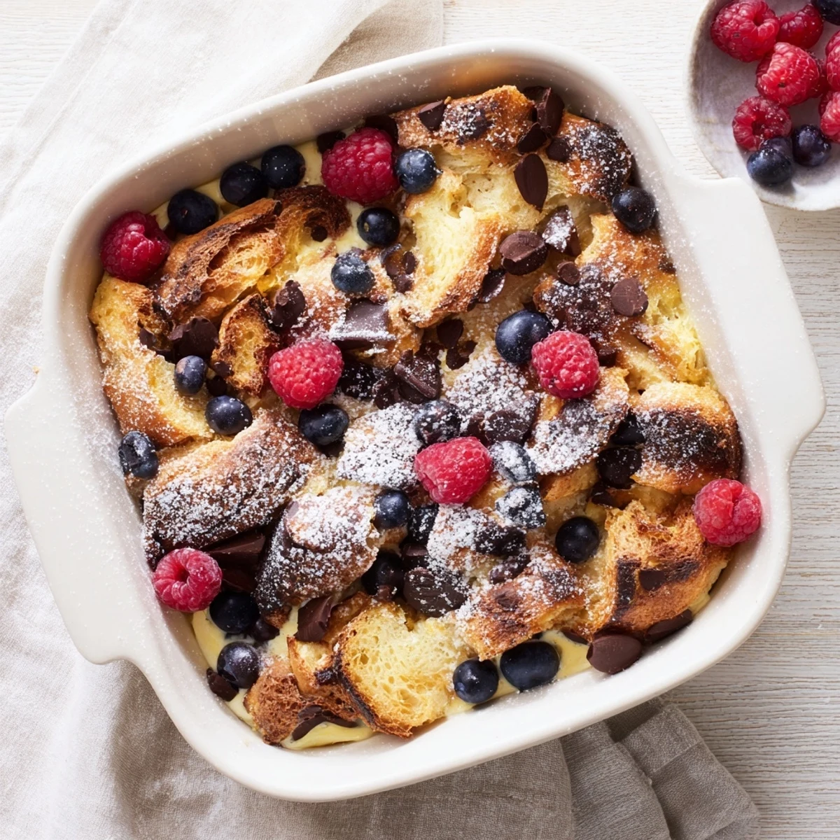 Golden chocolate croissant breakfast bake with melted chocolate chips and buttery pastry layers
