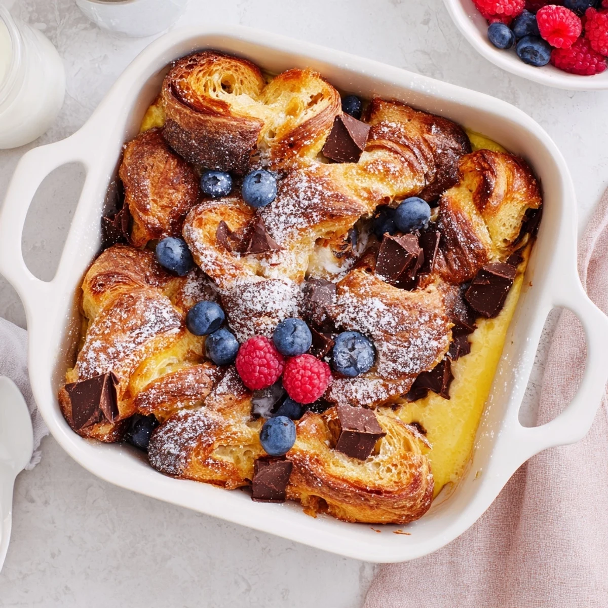 Decadent chocolate croissant breakfast bake casserole topped with powdered sugar and fresh berries