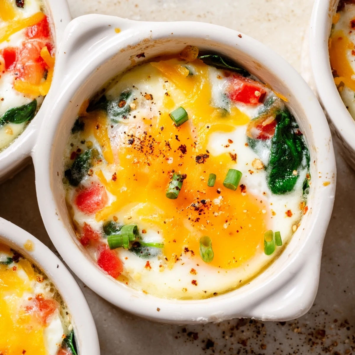 Creamy cottage cheese breakfast bake with perfectly set eggs and vibrant spinach garnish