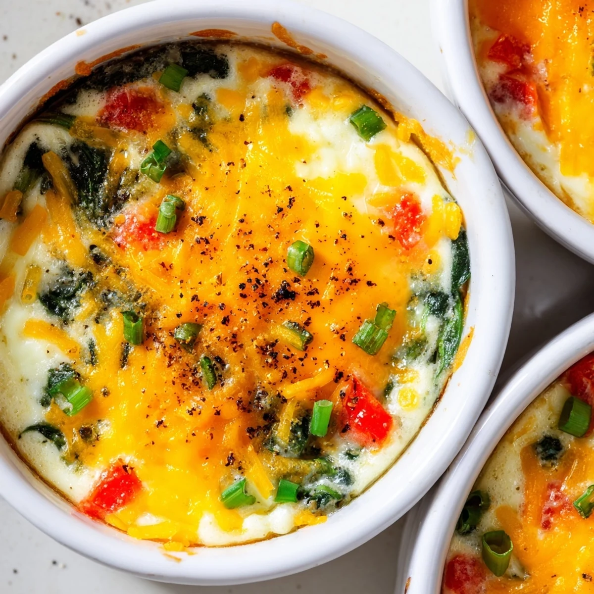 Golden baked cottage cheese eggs topped with melted cheese and fresh chives in a ramekin