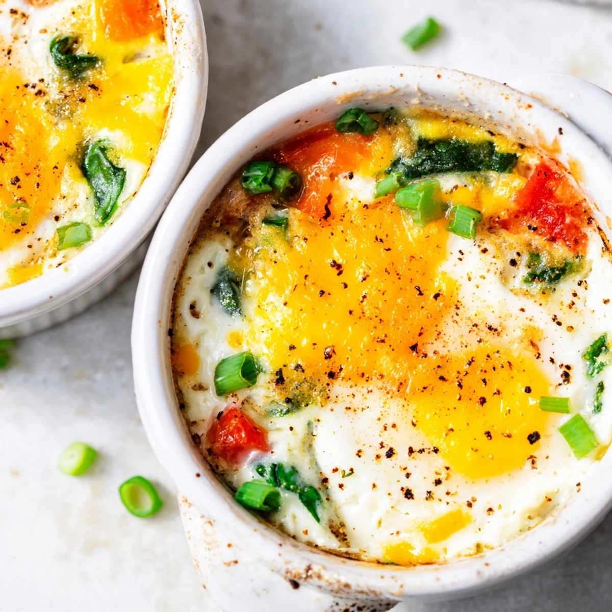 Protein-rich baked cottage cheese eggs served hot with diced tomatoes and scallions