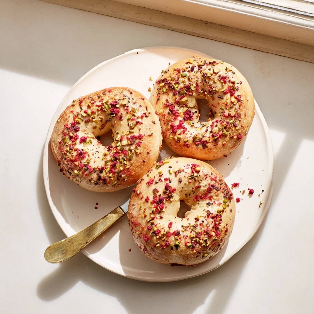 Golden brown raspberry pistachio sourdough bagels sprinkled with chopped nuts and tart berry pieces