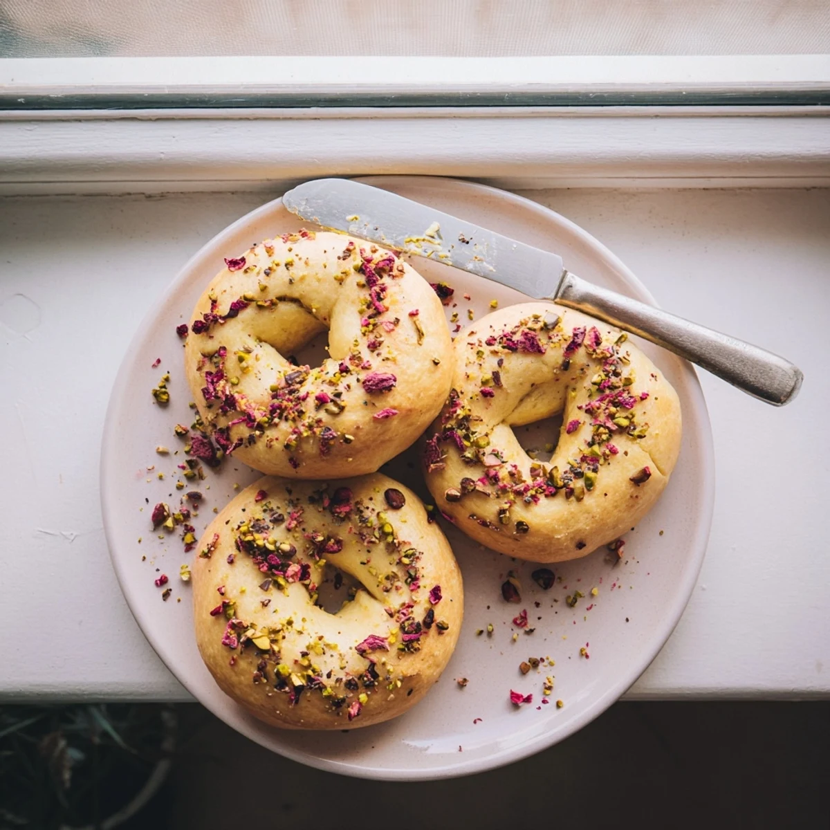 Chewy sourdough bagels studded with pink raspberries and green pistachios on a wooden board