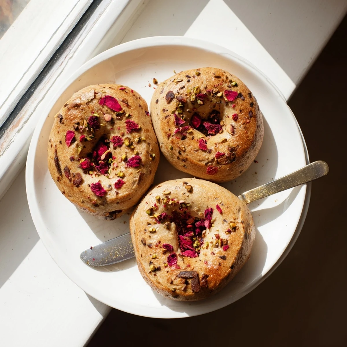 Freshly baked raspberry pistachio sourdough bagels with cream cheese spread on a white plate