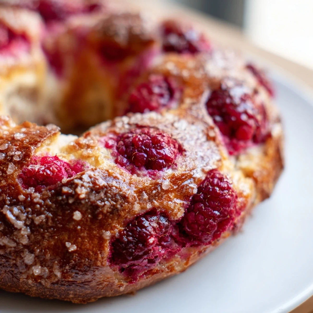 Freshly baked raspberry sourdough bagels with pockets of juicy red berries and golden crusty exterior