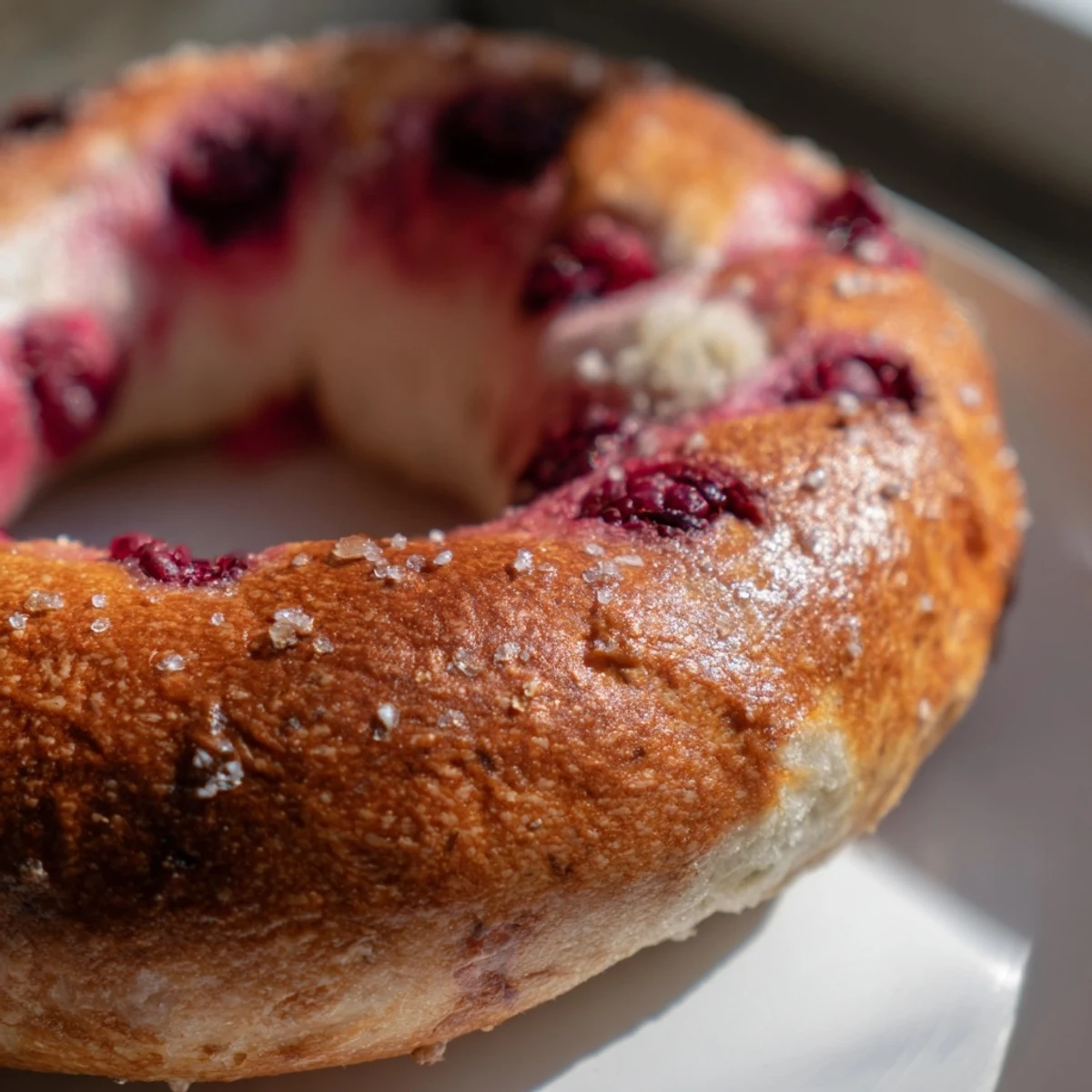 Homemade raspberry sourdough bagels cooling on wire rack after boiling, topped with sparkling Demerara sugar