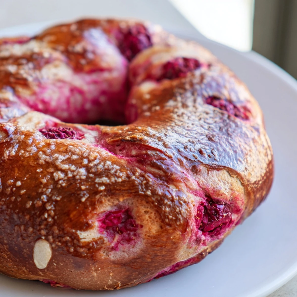 Chewy artisan sourdough bagels speckled with whole raspberries, sliced in half revealing tender pink-streaked crumb