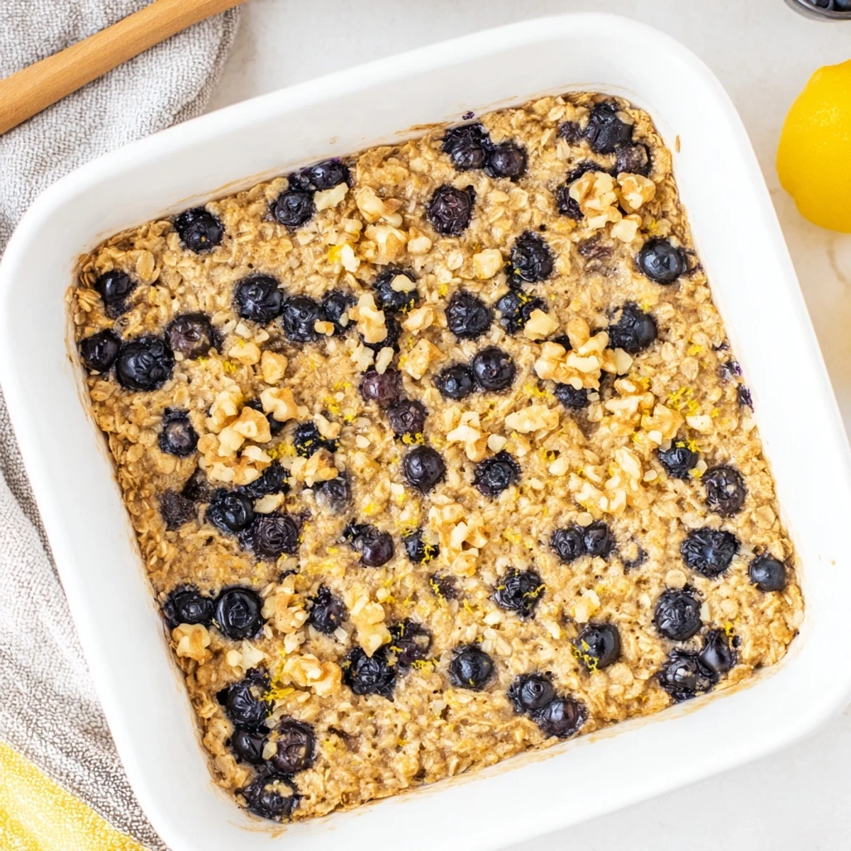 Golden baked lemon blueberry oatmeal with juicy berries and zest topping