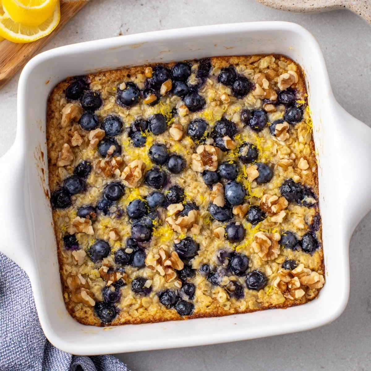 Warm lemon blueberry baked oatmeal squares served with fresh blueberries