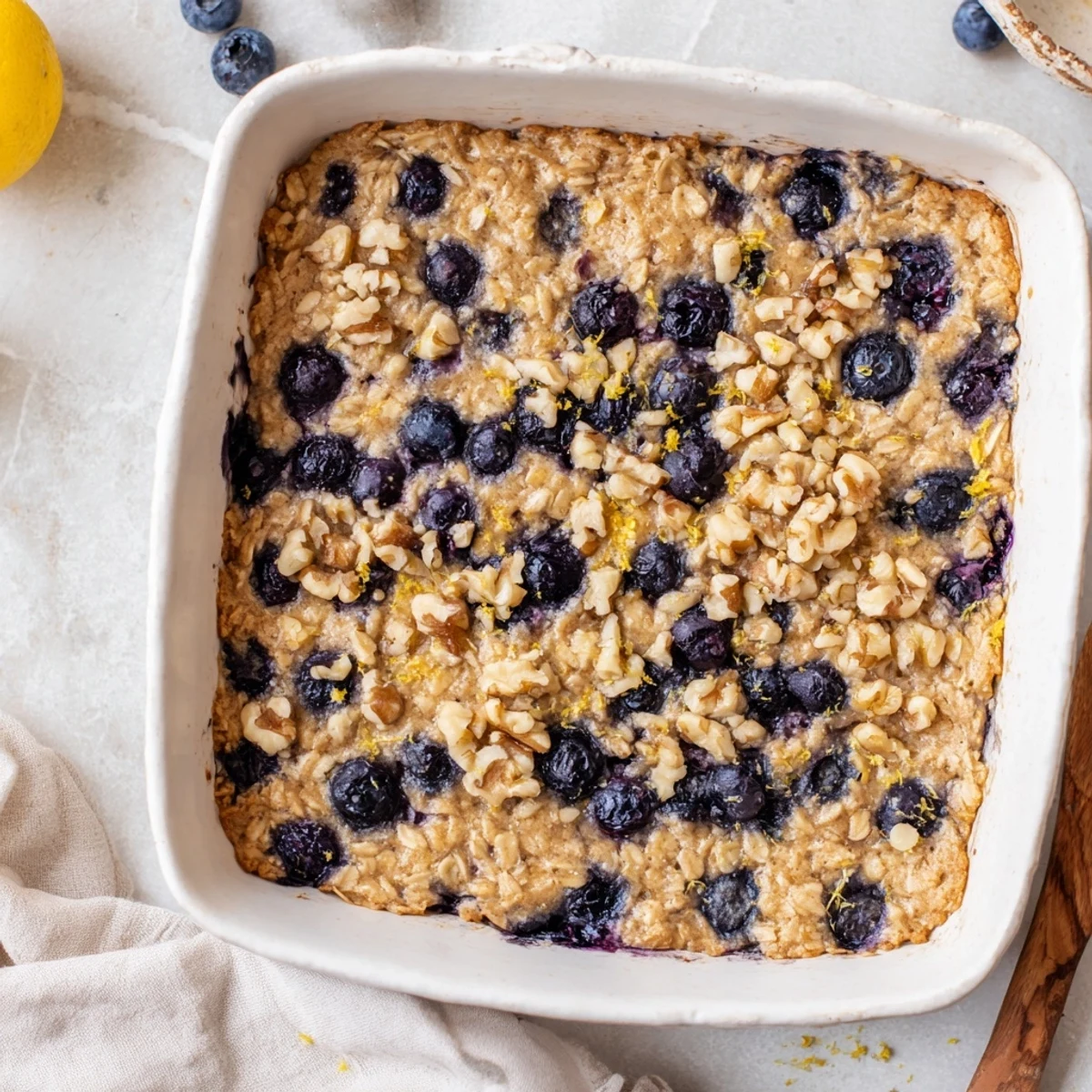Wholesome baked oatmeal bursting with blueberries and bright lemon flavor