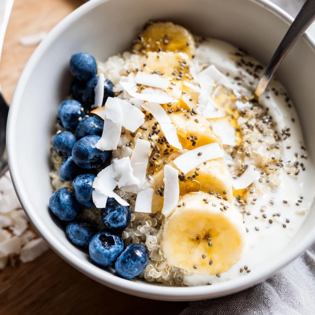 Vibrant blueberry quinoa breakfast bowl topped with fresh fruit, creamy yogurt, and crunchy nuts