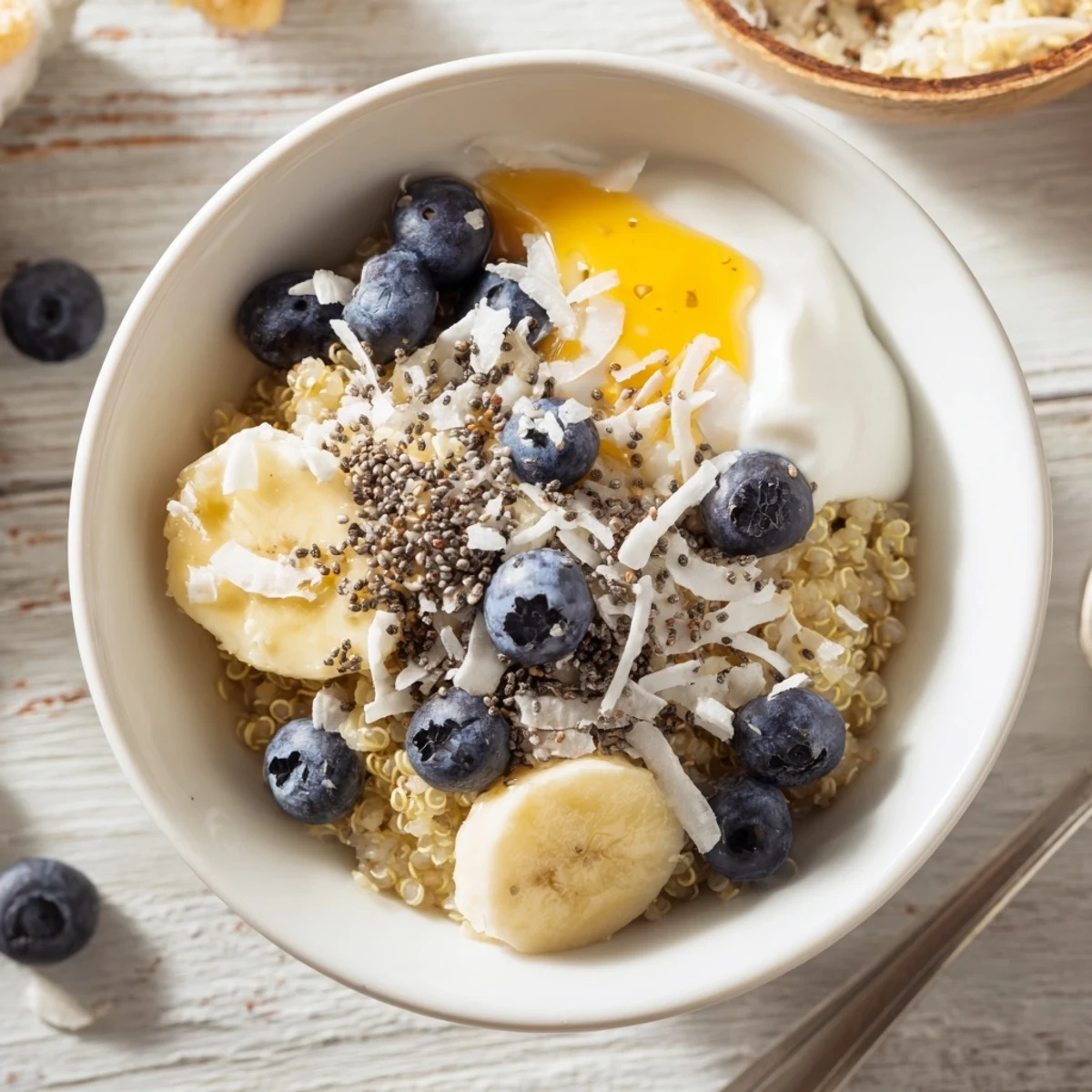 Creamy blueberry quinoa breakfast bowl served with sliced bananas, chia seeds, and maple drizzle