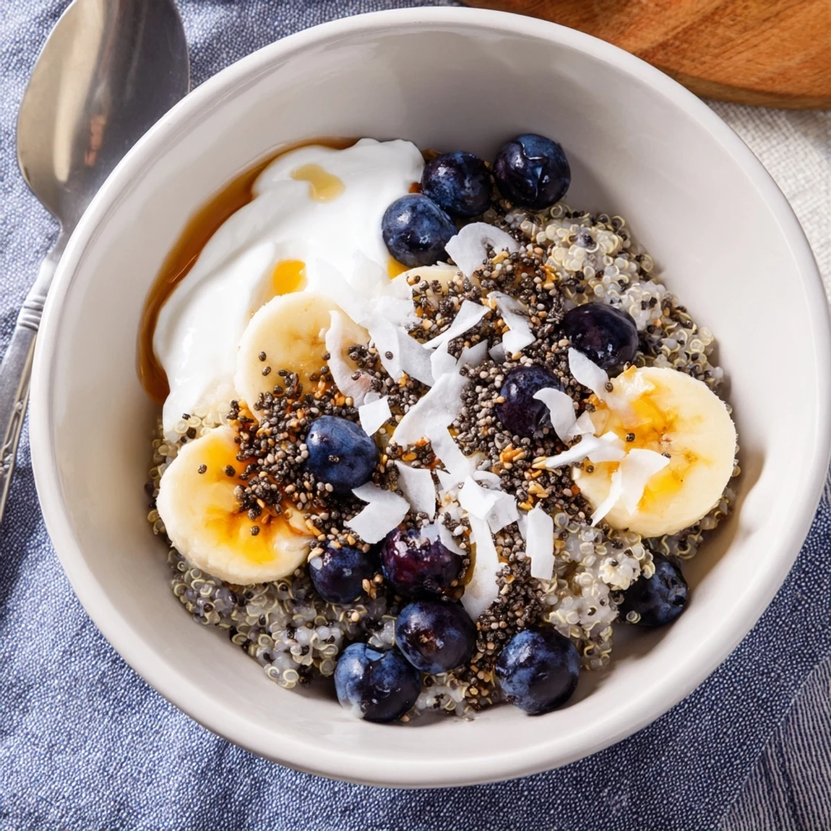 Protein-packed blueberry quinoa breakfast bowl featuring fluffy quinoa, juicy berries, and toasted coconut topping