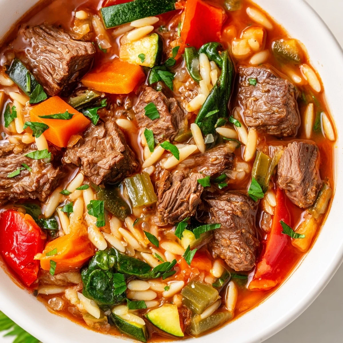 Hearty beef and orzo soup in a rustic bowl garnished with fresh parsley