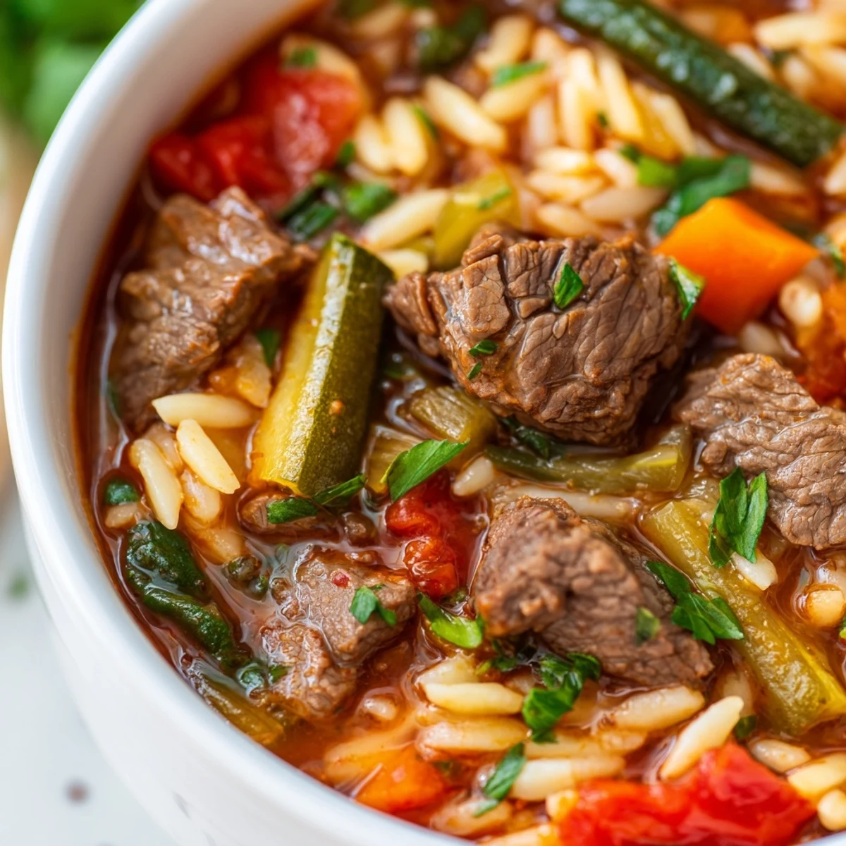 Steaming bowl of hearty beef and orzo soup packed with colorful garden vegetables