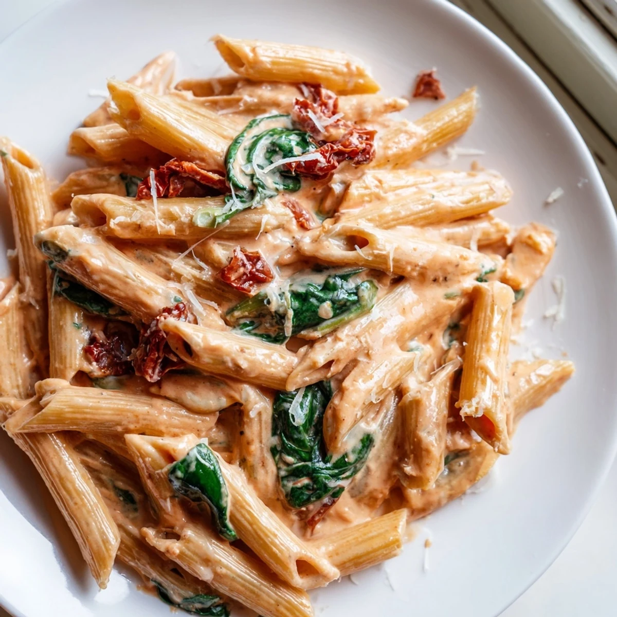 Creamy sun dried tomato spinach pasta in a rustic skillet with vibrant green leaves and rich sauce