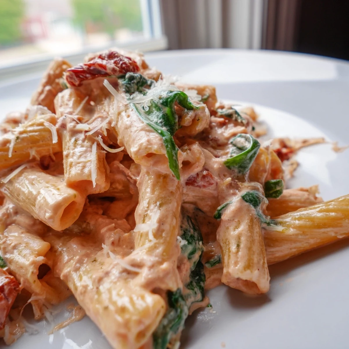 One pan creamy sun dried tomato spinach pasta topped with grated Parmesan in a white bowl
