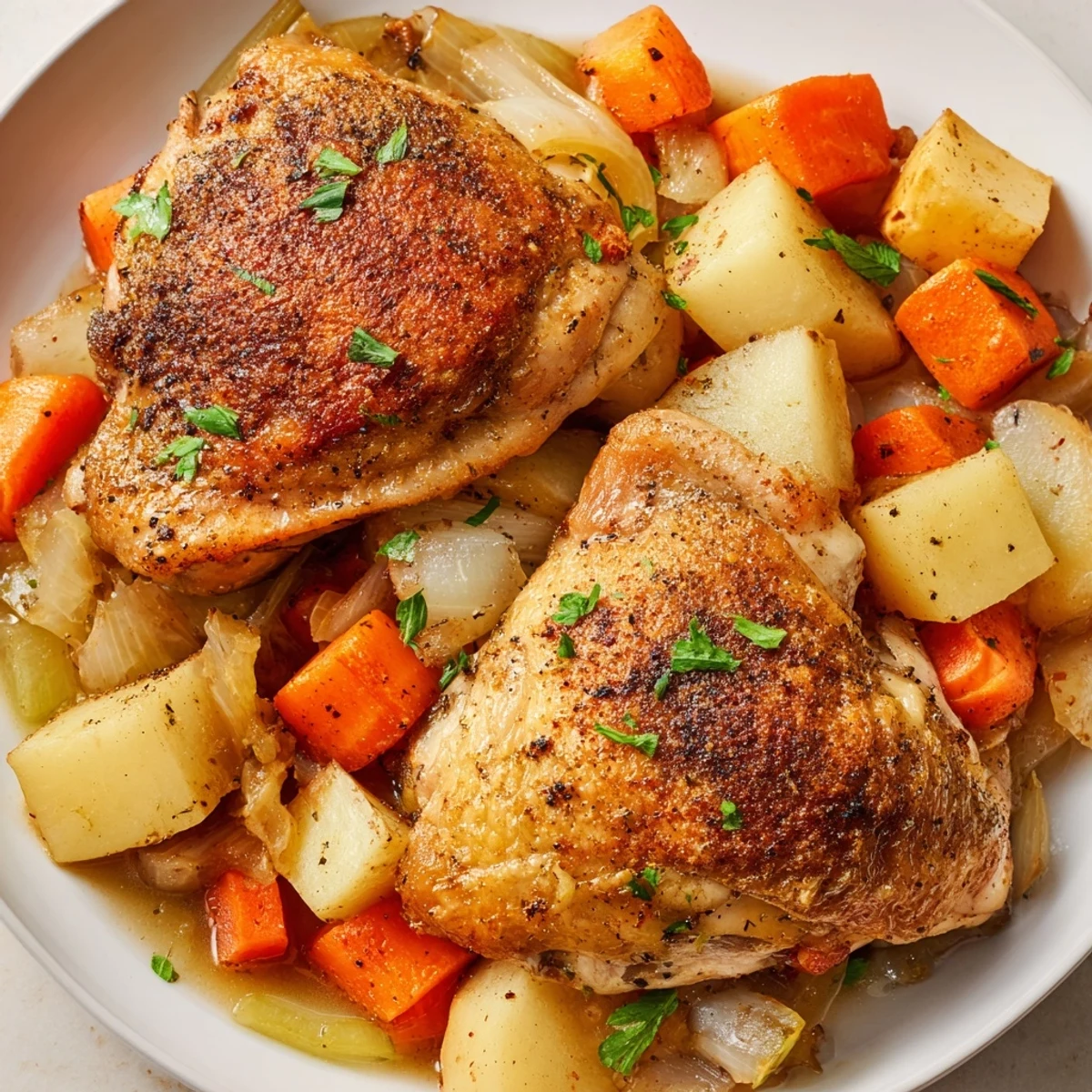 Slow cooker chicken dinner with tender vegetables in savory herb sauce