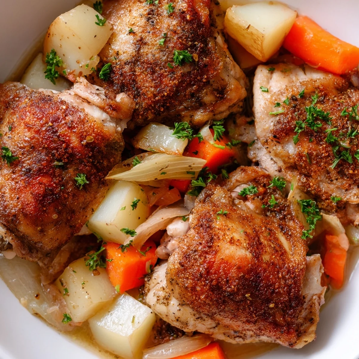 Juicy chicken thighs served over carrots and potatoes in rich broth