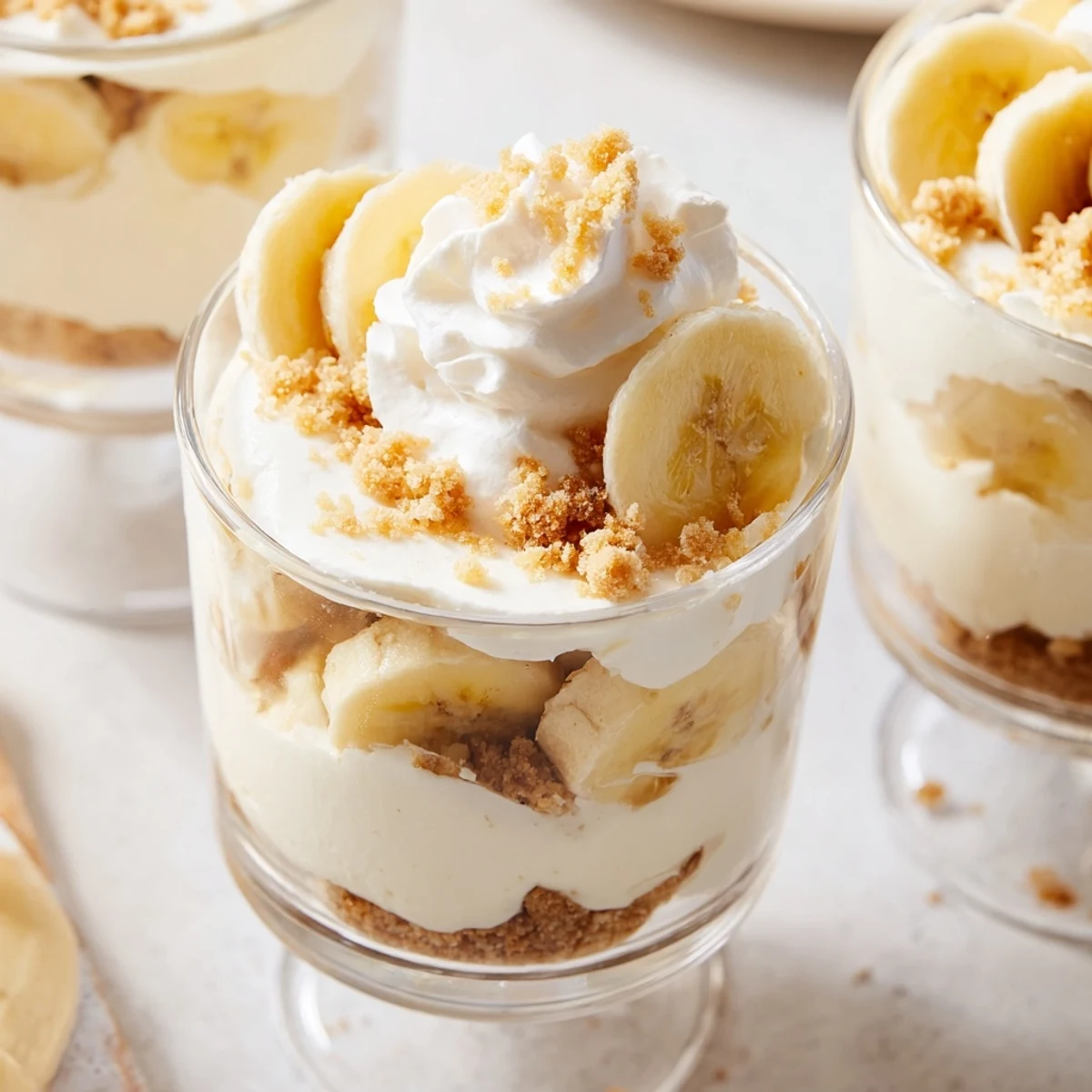 Creamy no bake banana pudding cheesecake cups with layered vanilla wafer crust and fresh banana slices