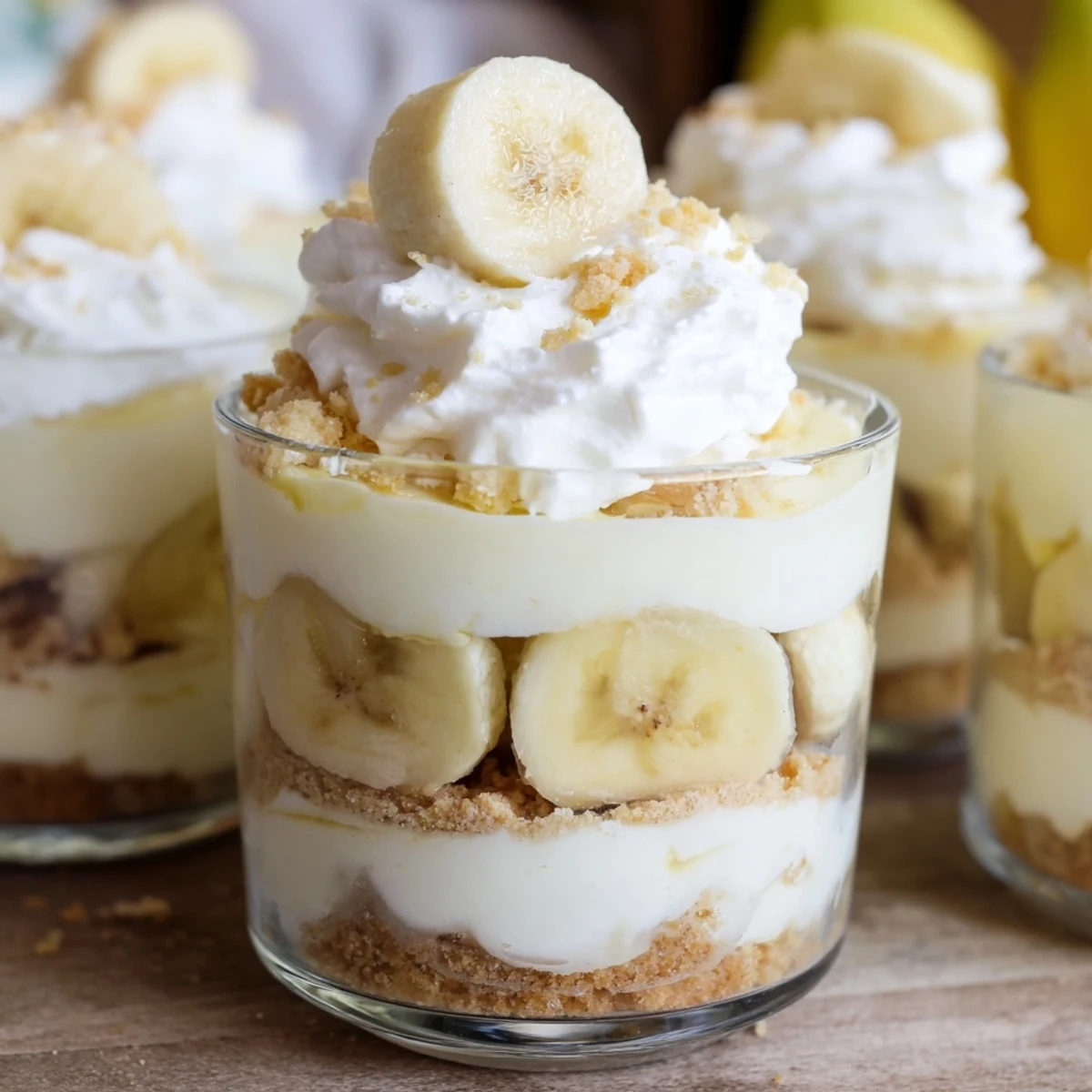 Individual no bake banana pudding cheesecake cups topped with golden wafer crumbs and whipped cream