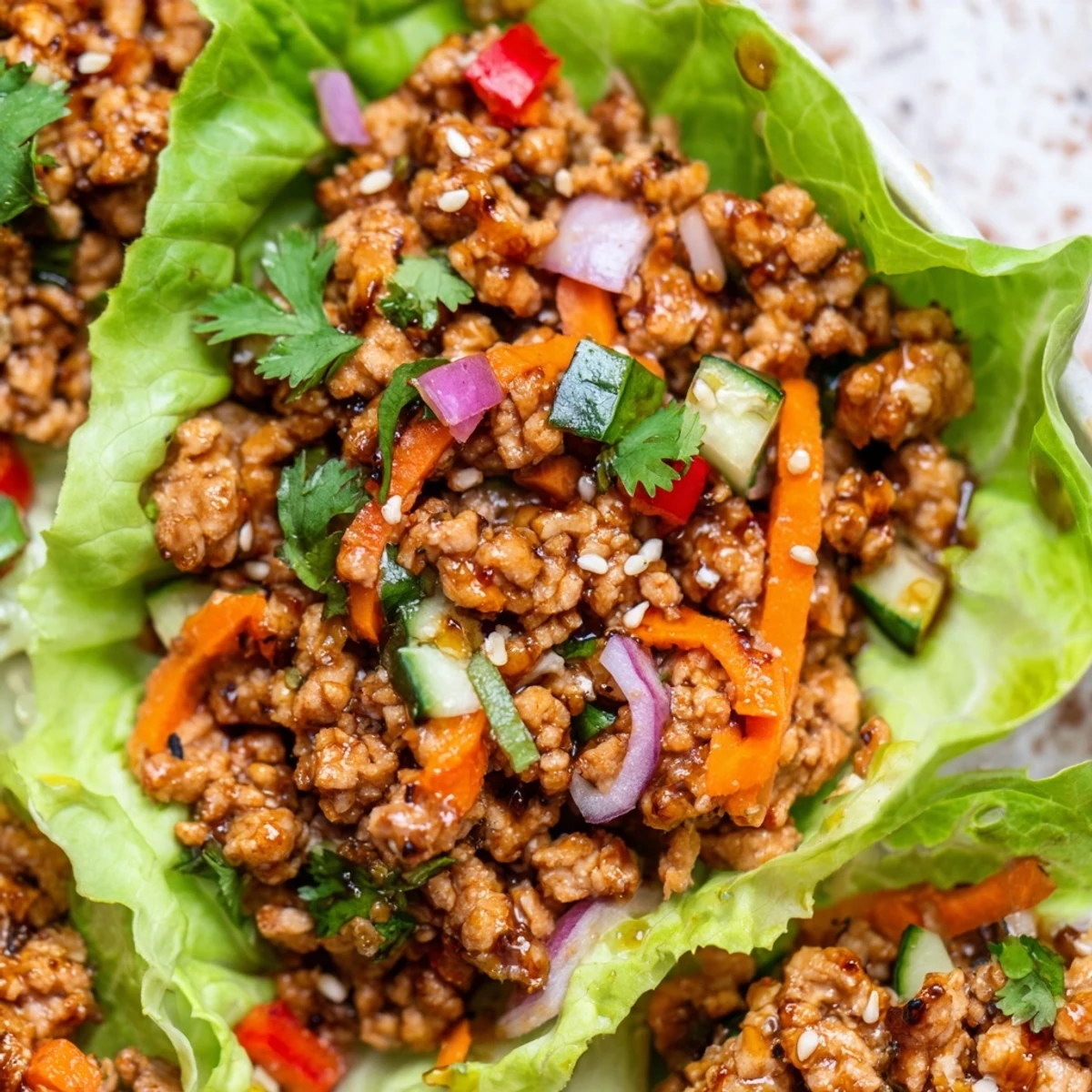 Healthy ground turkey lettuce wrap bowls topped with sesame seeds and cilantro