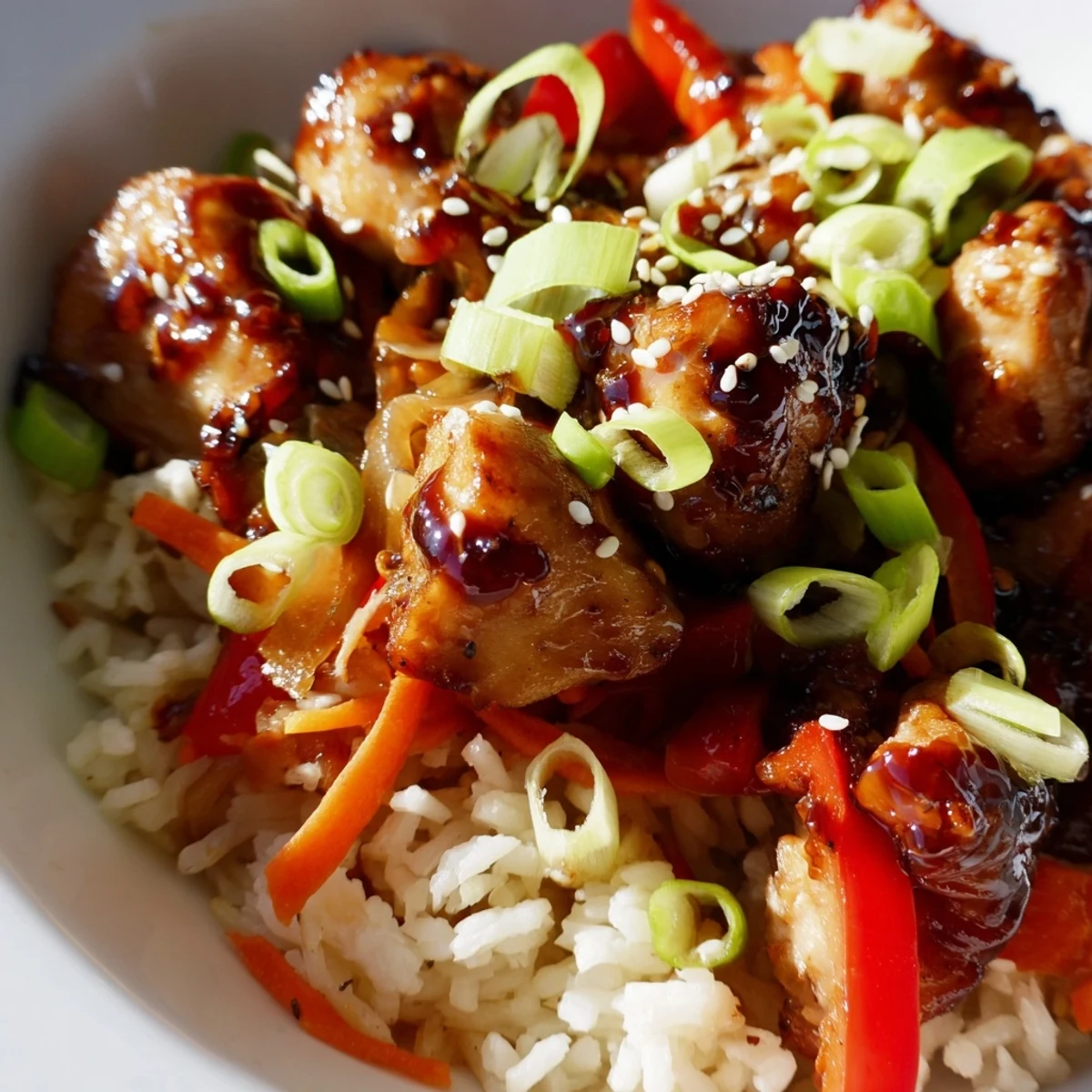 One Pan Korean BBQ Chicken and Rice served in a cast iron skillet with sesame garnish