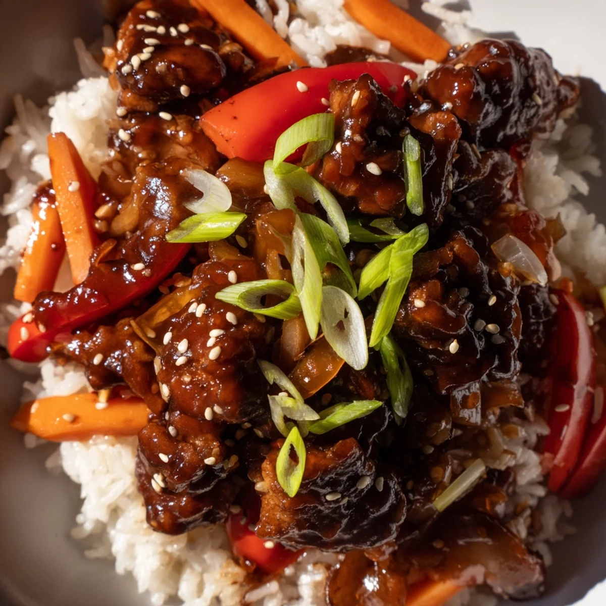Tender glazed chicken and fluffy rice studded with colorful vegetables in a single pan
