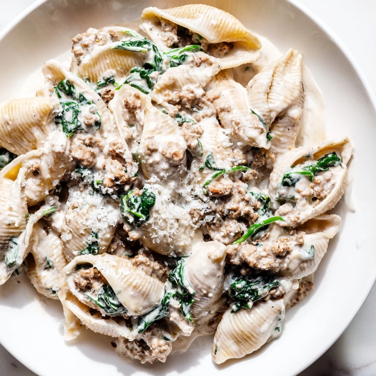 Creamy high protein beef pasta in a white bowl with parmesan and fresh herbs