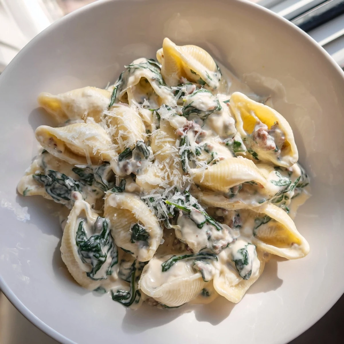 Tender ground beef and spinach tangled in creamy high protein beef pasta sauce
