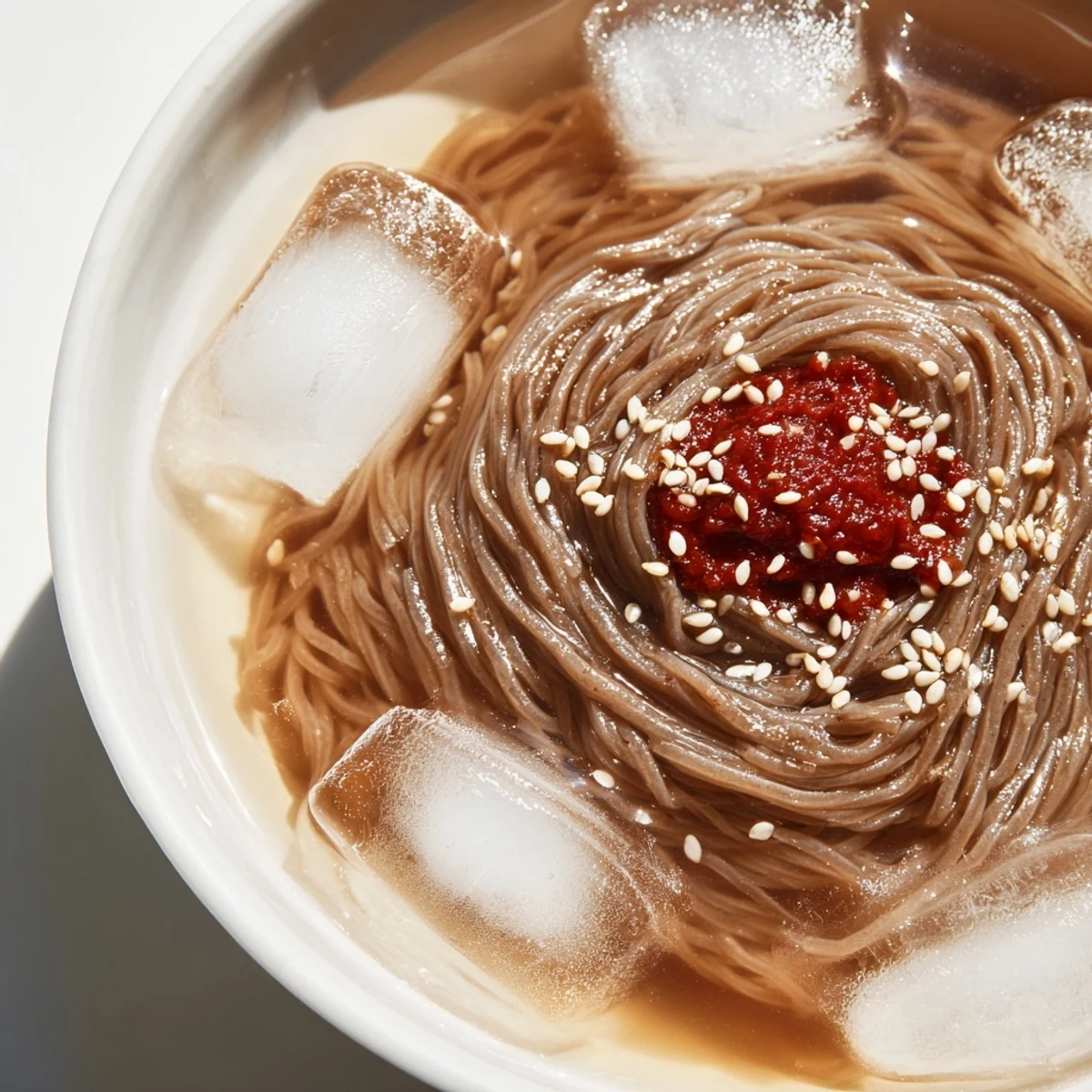 Chewy Korean naengmyeon cold noodle soup served in chilled tangy broth with crisp vegetable toppings