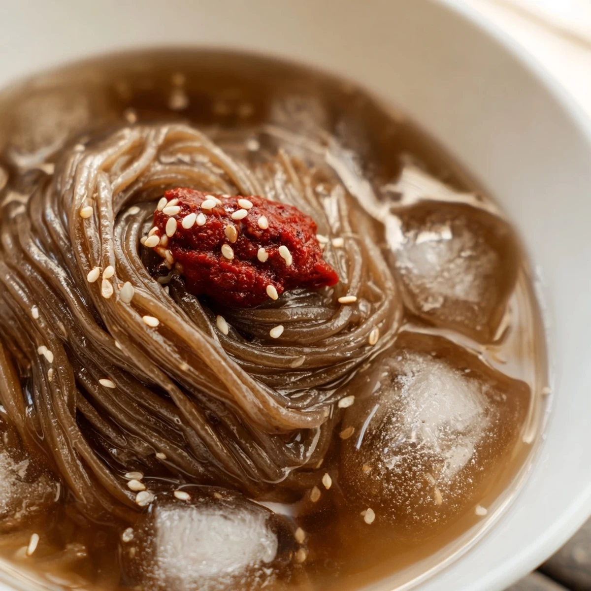Buckwheat noodles swimming in icy Korean naengmyeon cold noodle soup topped with sliced beef and egg
