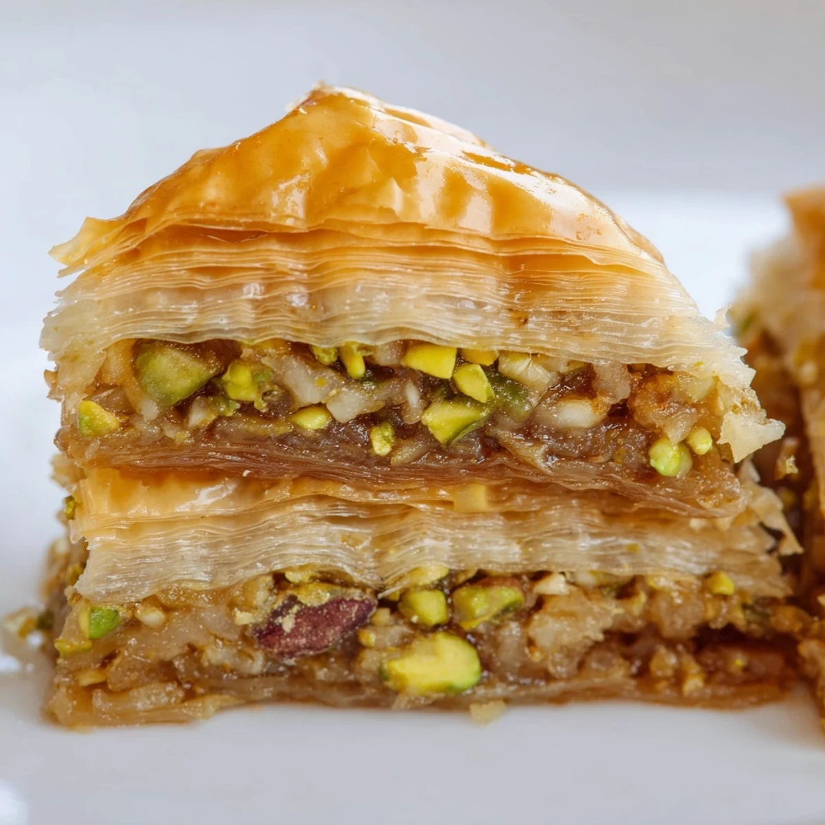 Golden Bosnian baklava diamonds glisten with sweet syrup on a decorative serving plate