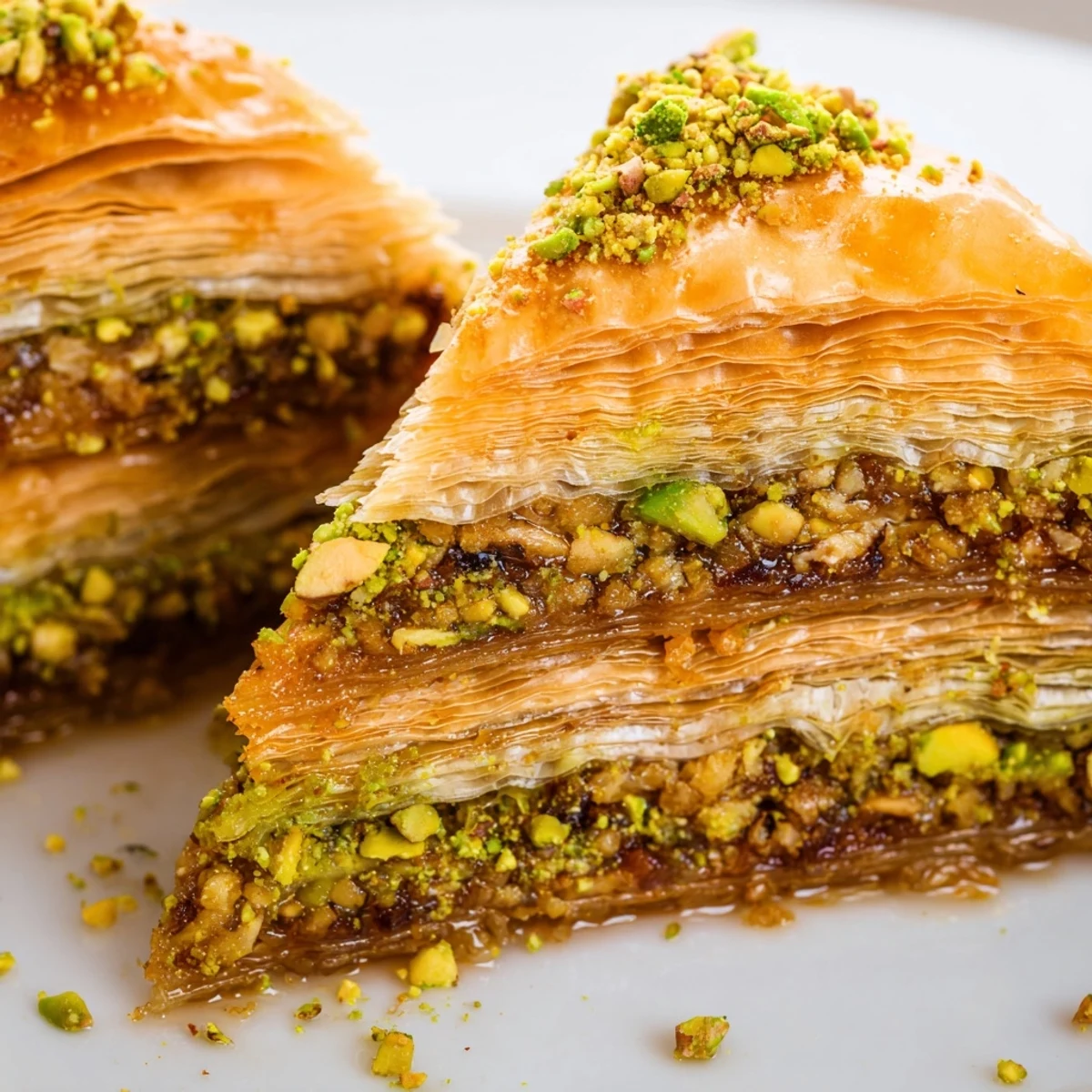 Crisp layered Bosnian baklava cut into diamond shapes topped with crushed pistachios