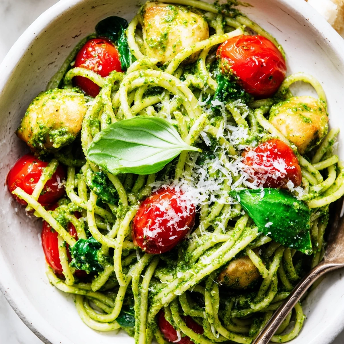 Light pesto pasta with chicken garnished with fresh basil and grated Parmesan cheese