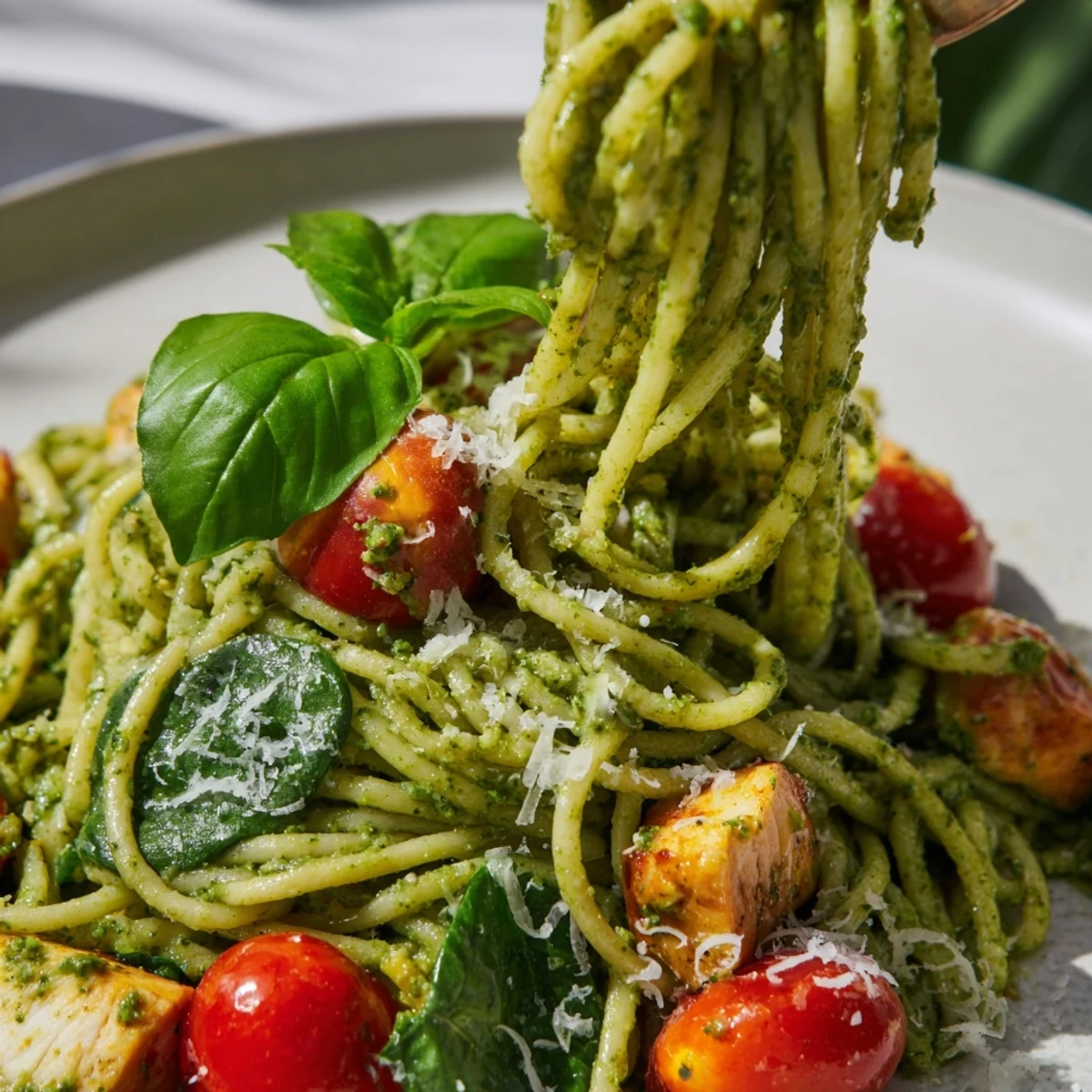 Creamy pesto pasta with chicken tossed with bright green basil sauce and cherry tomatoes