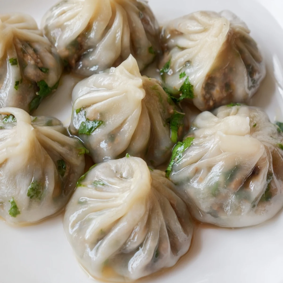Steaming hot Nepali momo dumplings arranged on a bamboo tray with spicy tomato dipping sauce