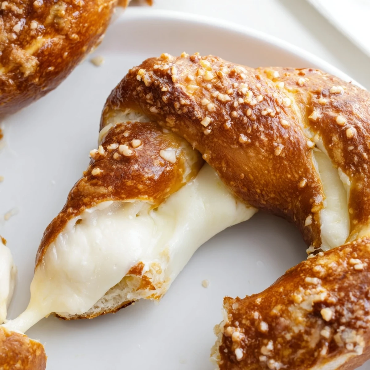 Golden mozzarella stuffed soft pretzels with coarse salt sprinkled on a rustic baking sheet