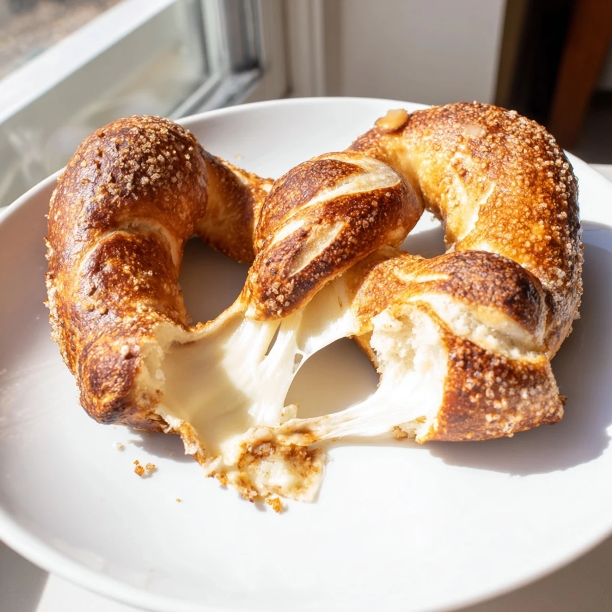 Warm mozzarella stuffed soft pretzels oozing melted cheese served with marinara dipping sauce