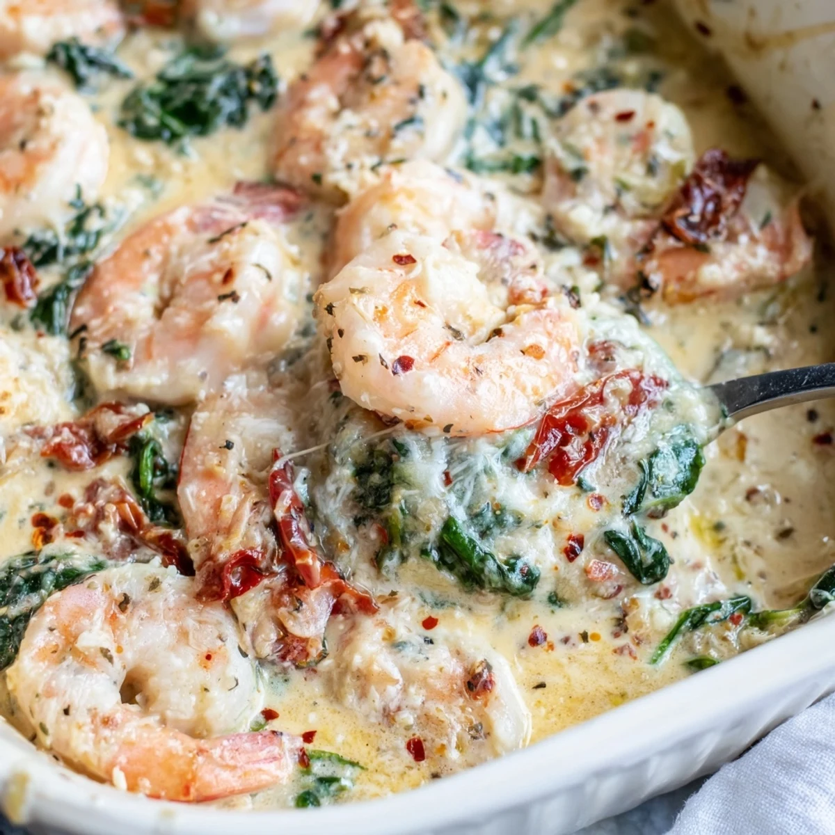 Creamy Low Carb Shrimp Tuscan Bake with bubbling mozzarella in a white baking dish