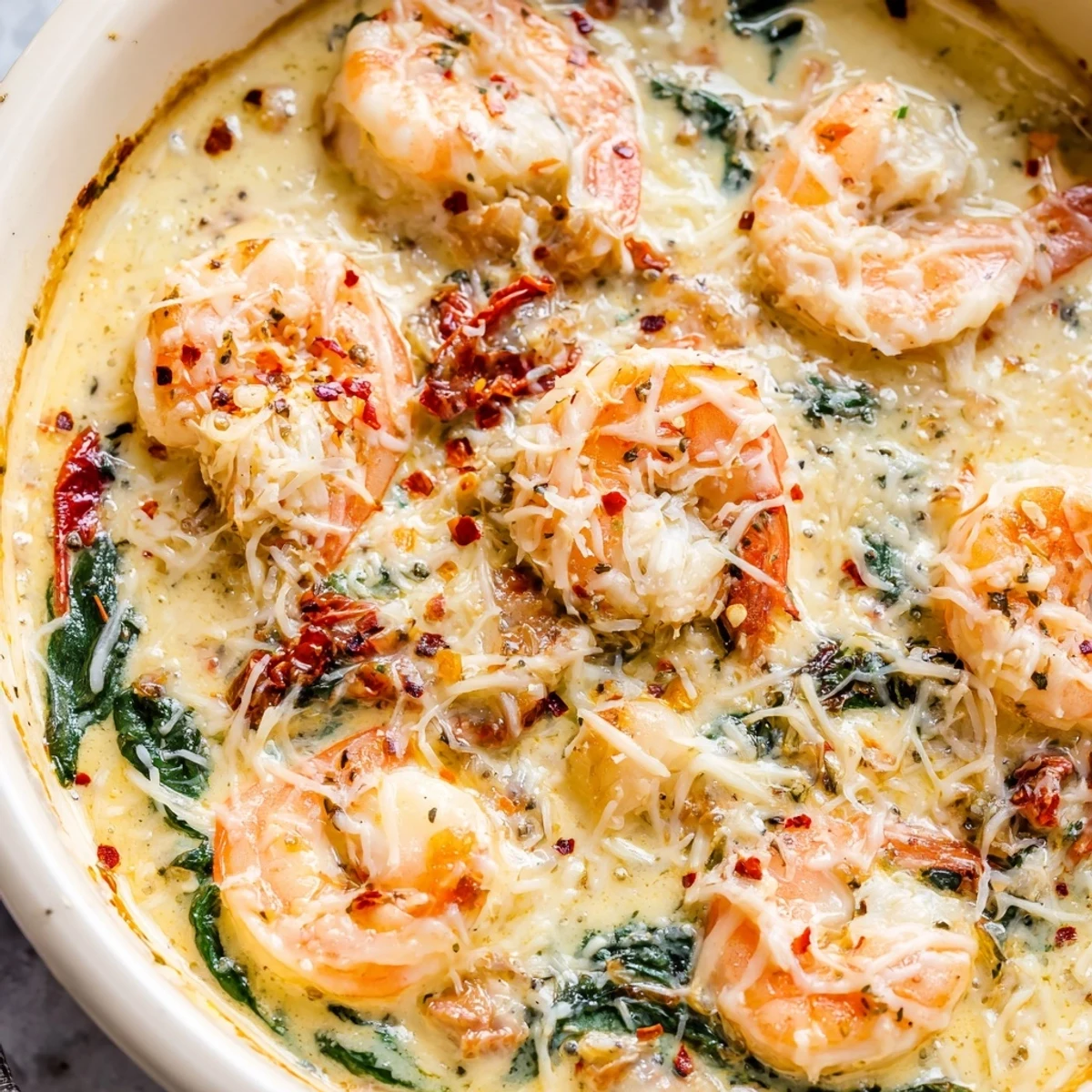 Golden cheesy Low Carb Shrimp Tuscan Bake studded with pink shrimp and sun-dried tomatoes
