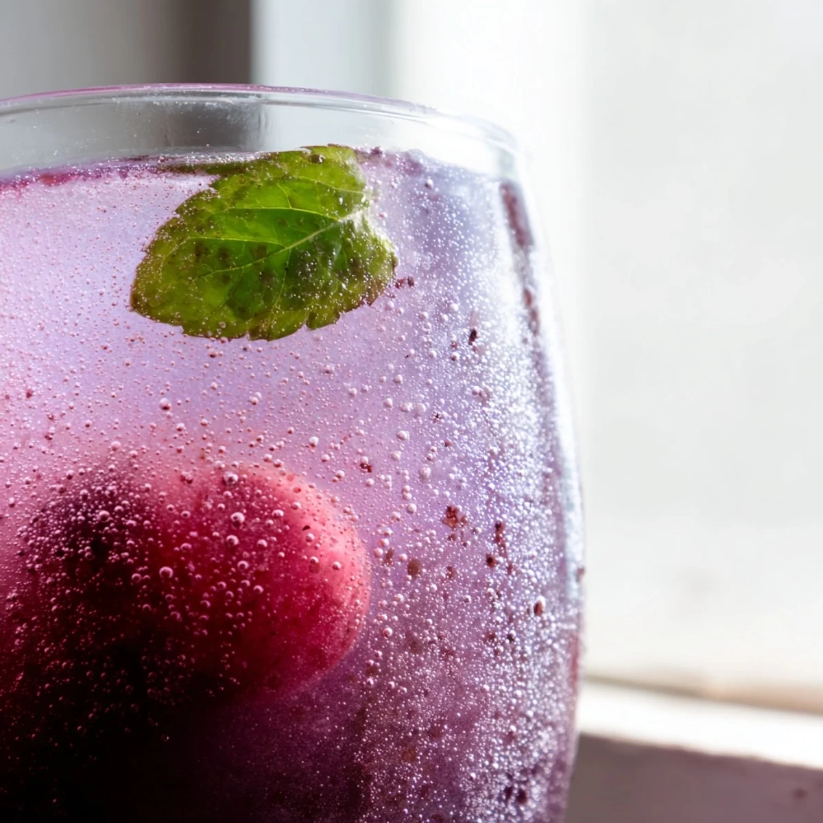 Chilled grape agua fresca poured over ice in a tall glass with mint garnish