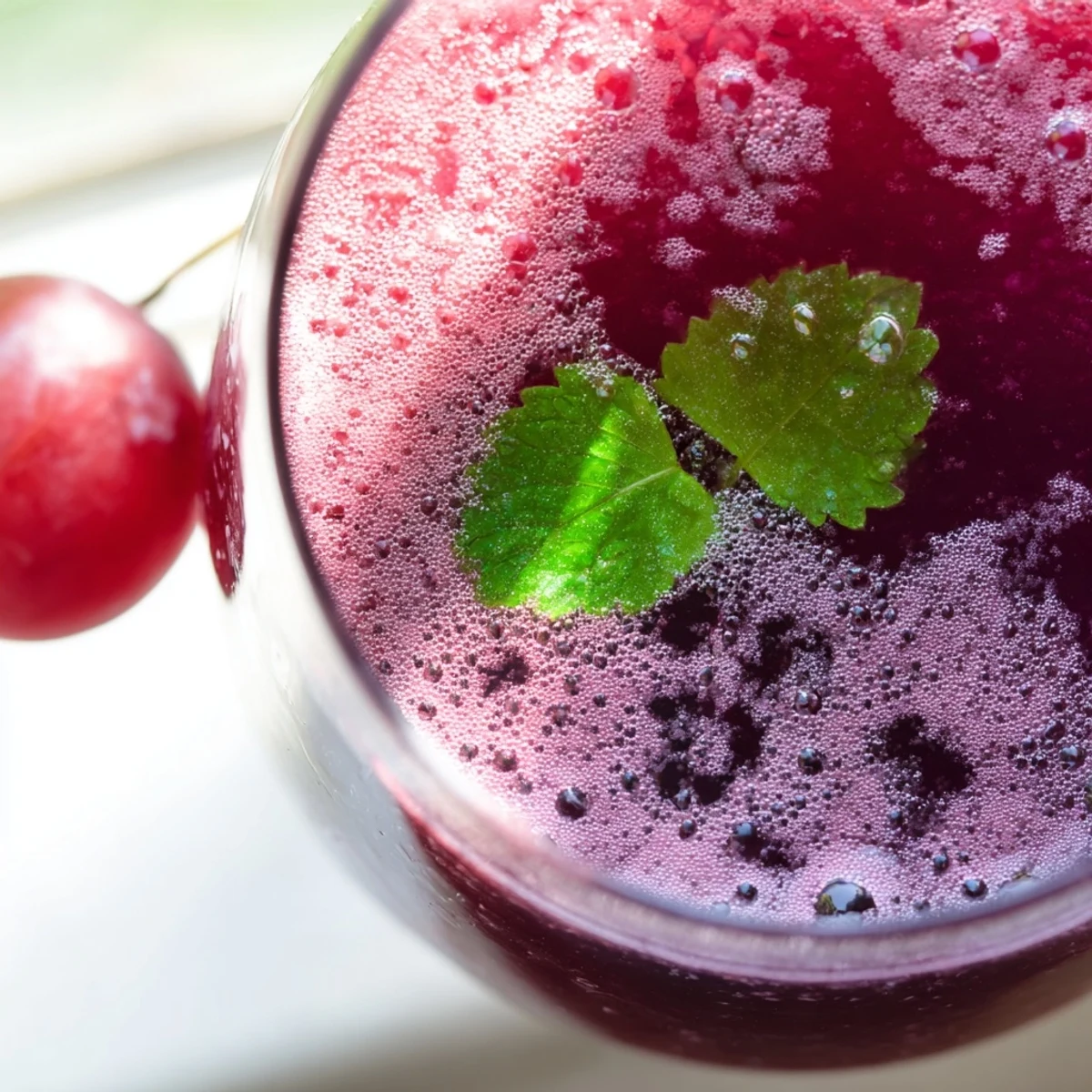 Refreshing grape agua fresca topped with whole grapes in a frosted summer glass
