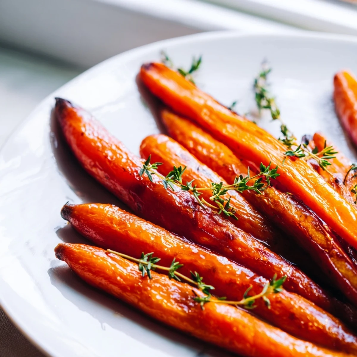 Golden honey roasted carrots glistening with caramelized edges on a white ceramic serving platter