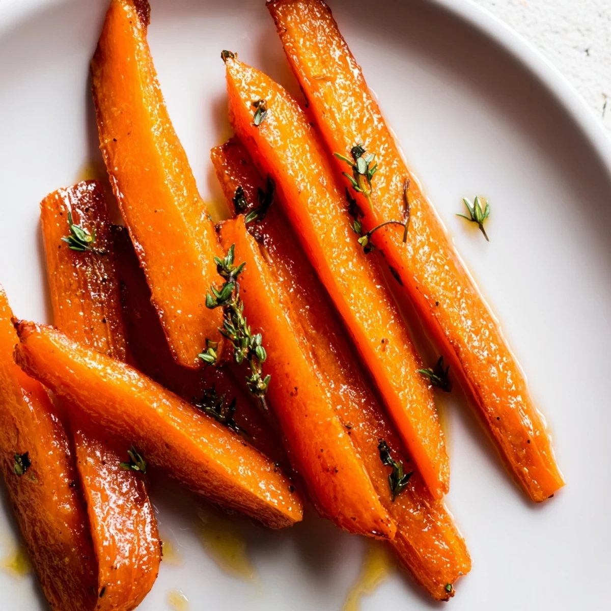 Tender honey roasted carrots topped with fresh herbs in a rustic baking dish