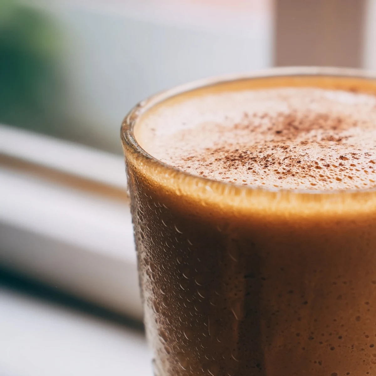 Creamy coffee smoothie in a tall glass topped with chocolate shavings and a straw