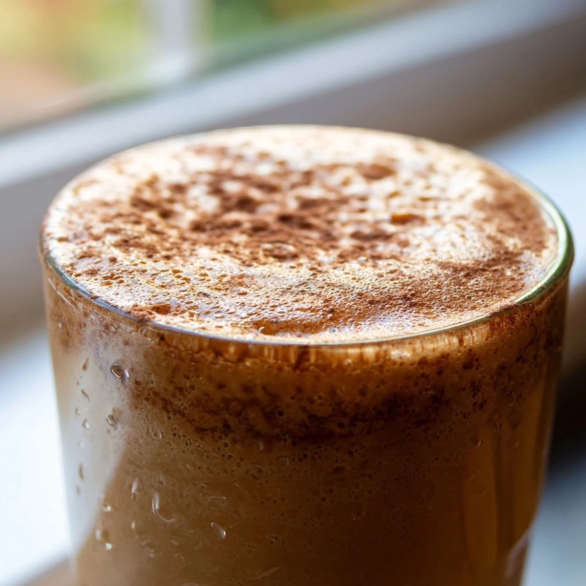 Thick coffee smoothie swirled with banana, served cold in a mason jar