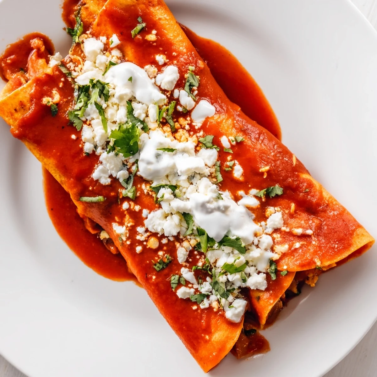 Entomatadas draped in rich red tomato sauce topped with crumbled cheese and fresh cilantro