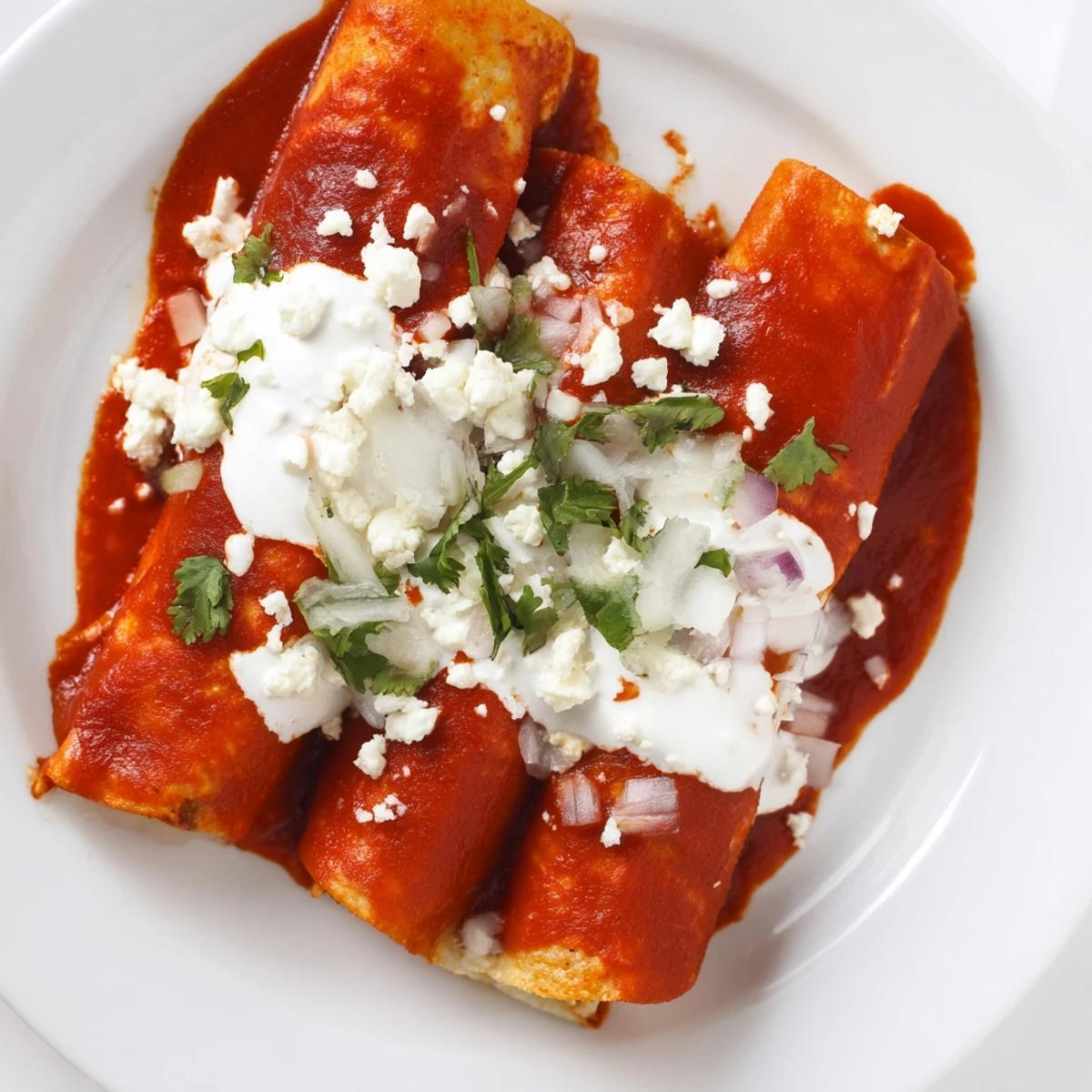 Warm entomatadas folded and smothered in vibrant tomato salsa with creamy Mexican crema