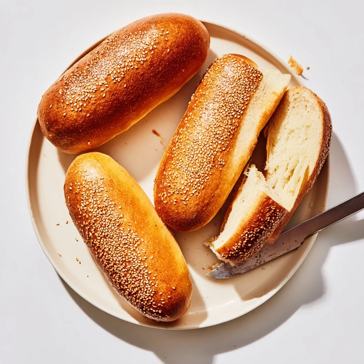 Golden sourdough discard hot dog buns topped with sesame seeds on parchment paper.